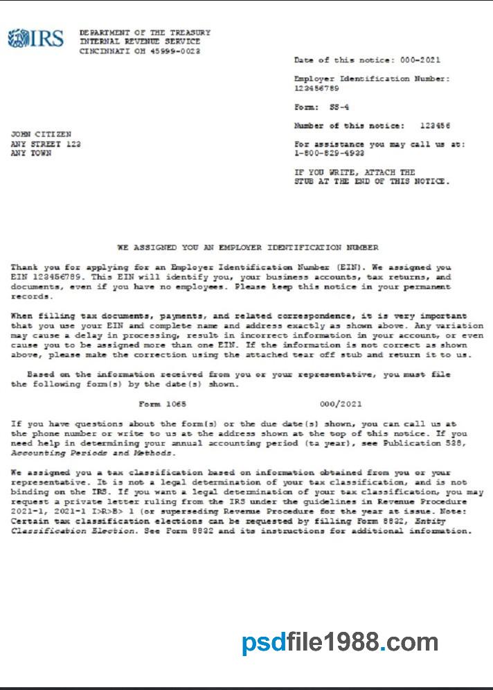 USA IRS Employer Identification Number (EIN) Business Registration